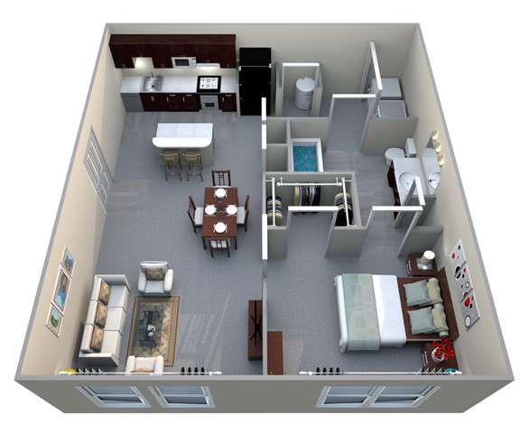 Floor plan for 1 bed, 1 bath, 700 sqft
